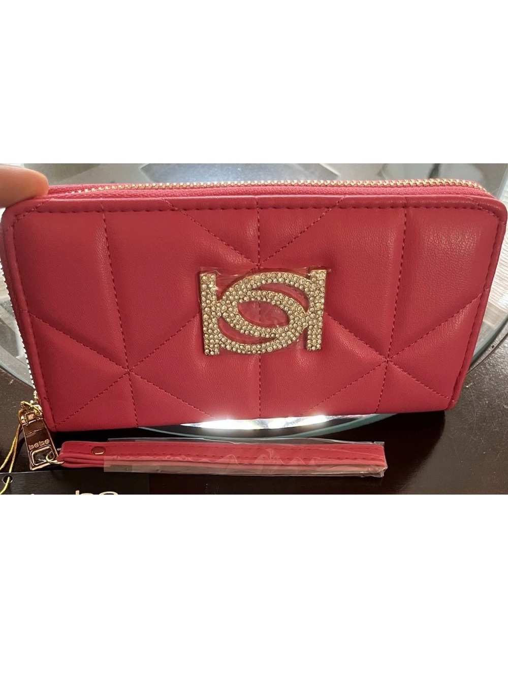 bebe Quilted Pink Wristlet Wallet with Rhinestone Logo